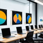 미디어 플래너의 성과 보고서 작성 - A modern Scandinavian office setting with a large digital screen displaying various types of data vi...
