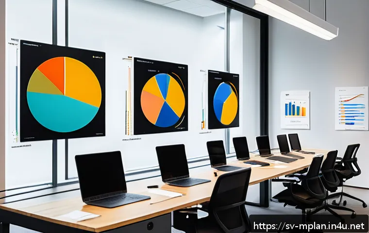 미디어 플래너의 성과 보고서 작성 - A modern Scandinavian office setting with a large digital screen displaying various types of data vi...